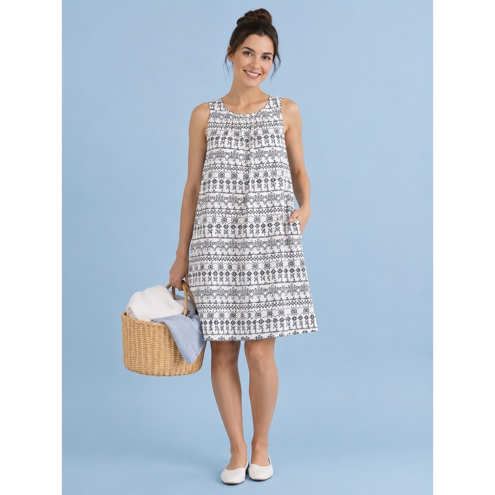 Loft XS Blue White Geometric Print Sleeveless Shift Dress Coastal Nautical Beach